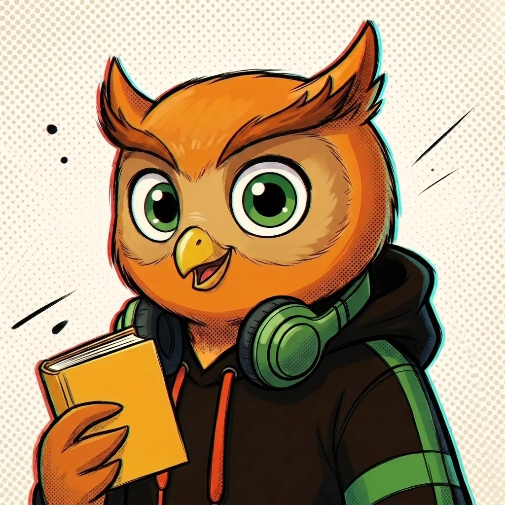 Cartoon orange owl in a black hoodie with green headphones around its neck, holding a yellow book