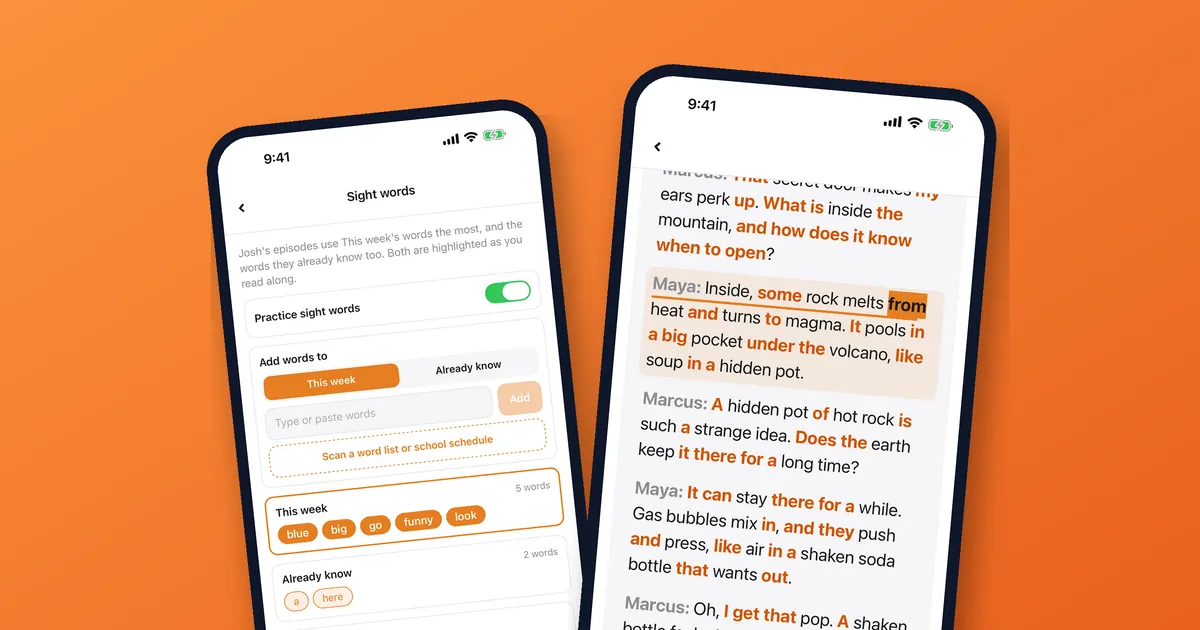 Two iPhone screens on an orange background: the Sight words screen with this week's words blue, big, go, funny and look, and a read-along transcript about a volcano with sight words highlighted in orange.