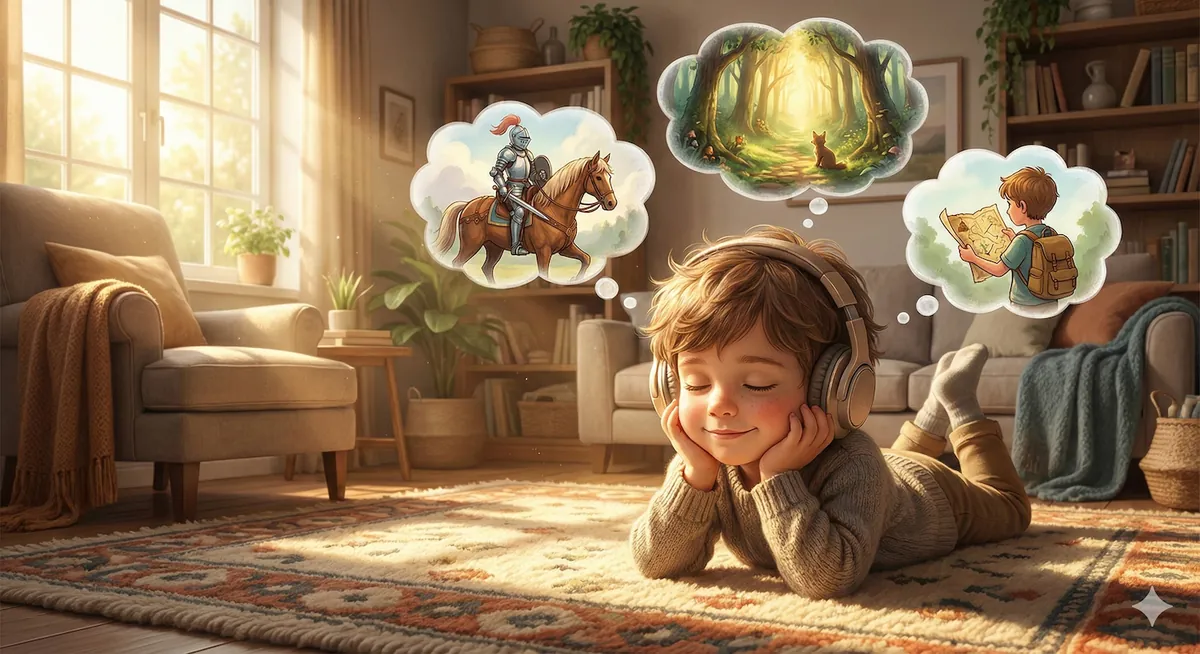 Illustration of a child lying on a living room rug with headphones on and eyes closed, imagining a knight on horseback, a sunlit forest path and a young explorer with a map