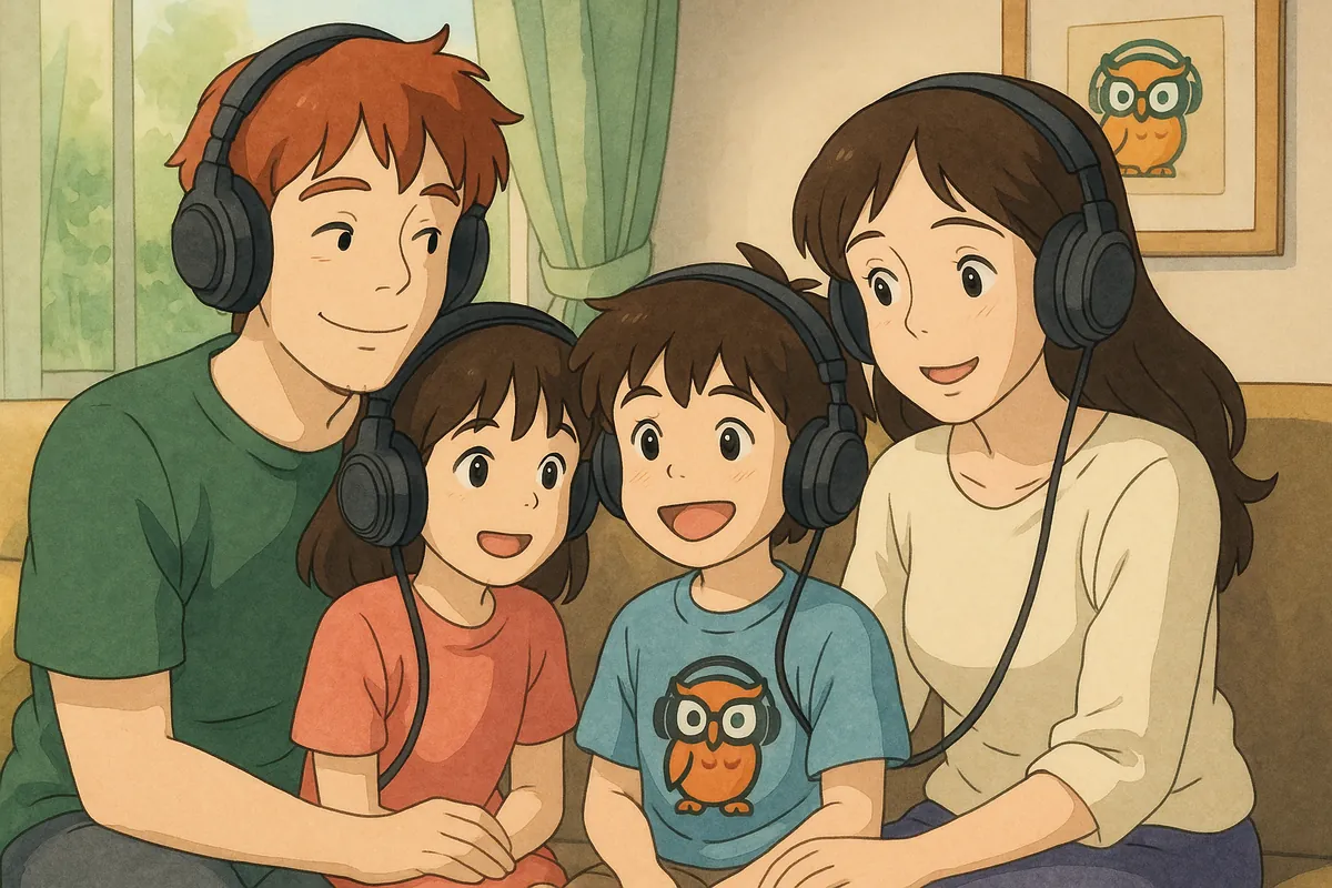 Illustration of a family of four on a sofa, all wearing headphones and listening together