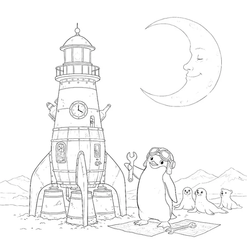 A coloring page of a penguin and a lighthouse rocket under a crescent moon
