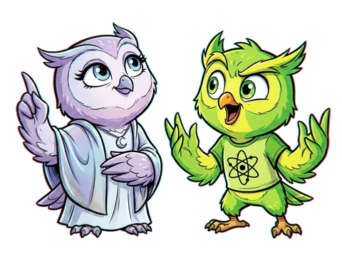 Luna, a dreamy lavender owl, and Kai, an excited green owl