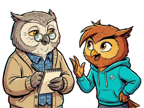 Pops, a grandfatherly owl with glasses and a notepad, and Finn, a young owl in a hoodie