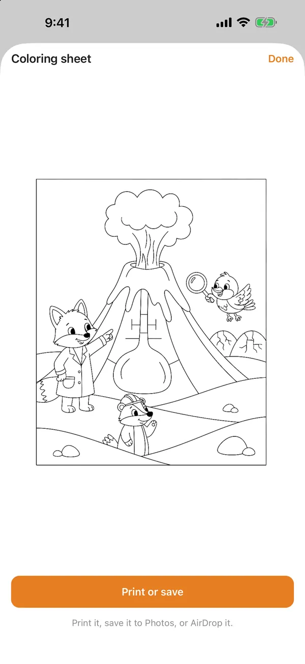 A black-and-white coloring sheet of a fox scientist, a bird and a badger beside an erupting volcano, with a Print or save button