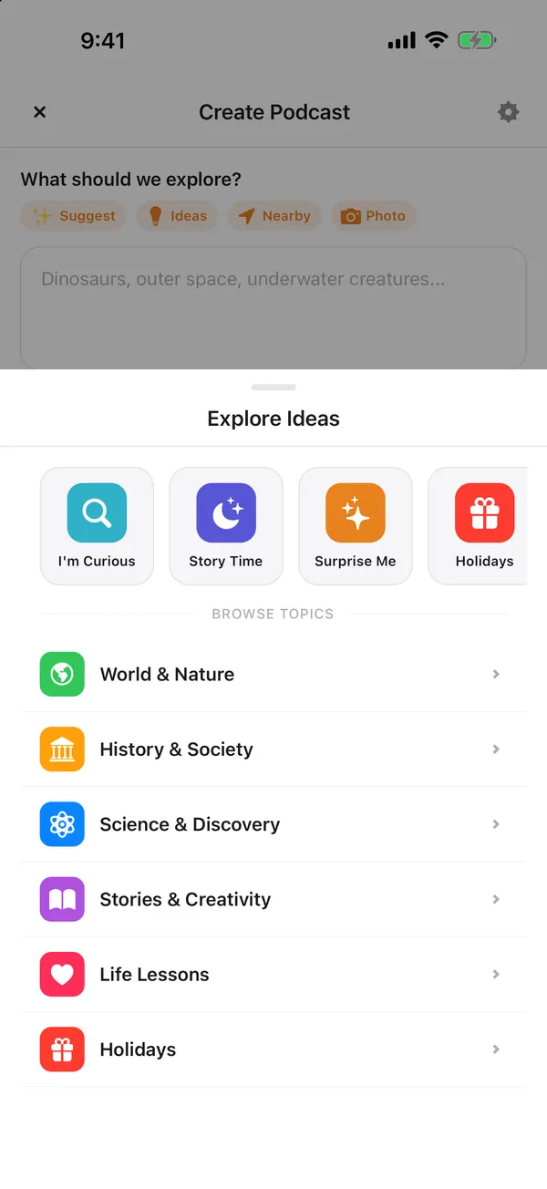 The Explore Ideas sheet, with Surprise Me and six topic groups such as World and Nature, Science and Discovery, and Holidays