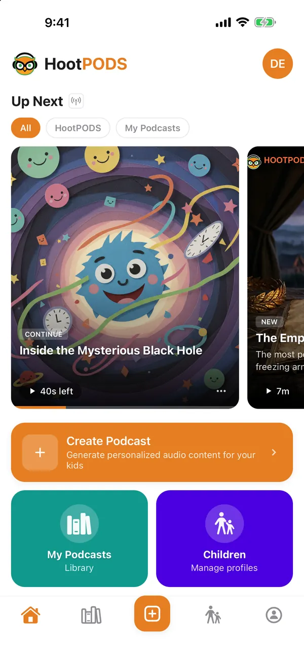 The HootPODS home screen, with an Up Next list of episodes and a Create Podcast button