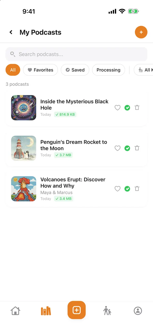 The My Podcasts library with three saved episodes, each with cover art, a favorite button and a delete button