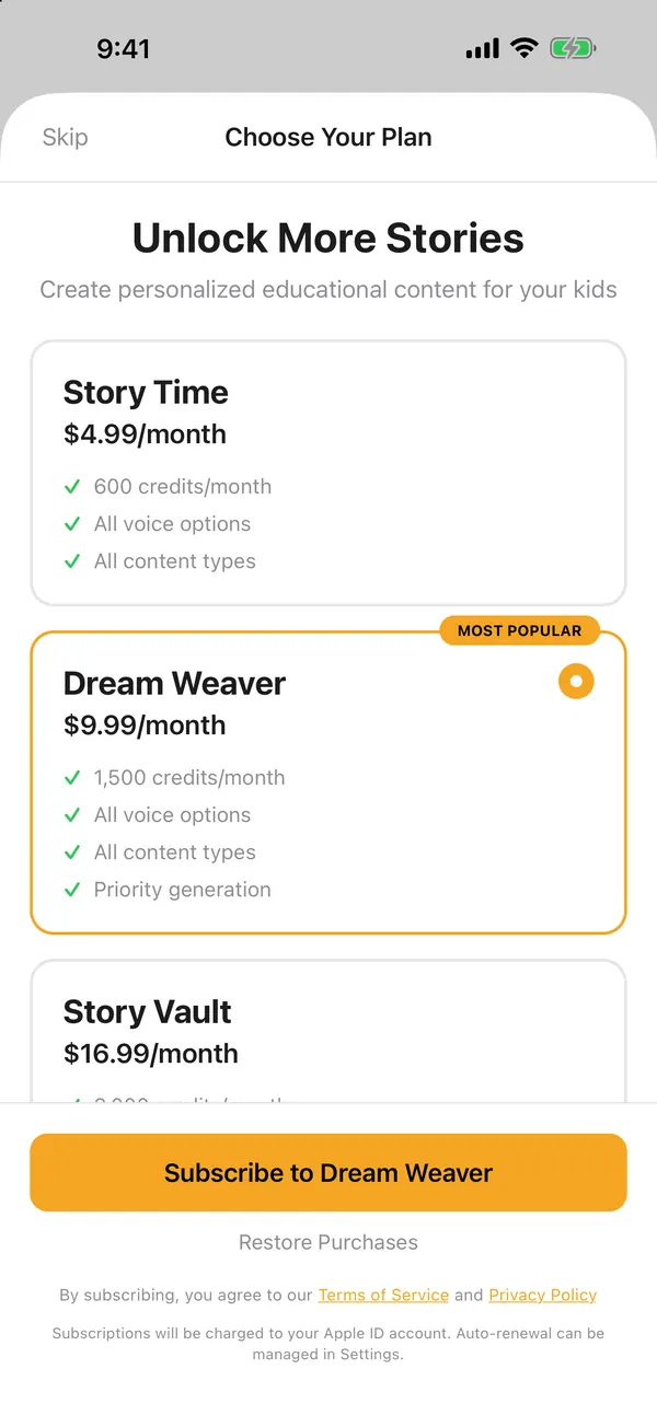 The Choose Your Plan screen showing the Story Time and Dream Weaver monthly plans