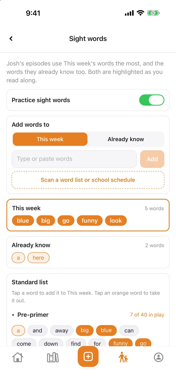 The sight words screen with this week's words and a standard word list